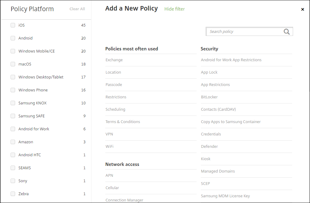 Image of Device Policies configuration screen