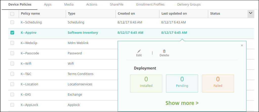 Image of Device Policies configuration screen