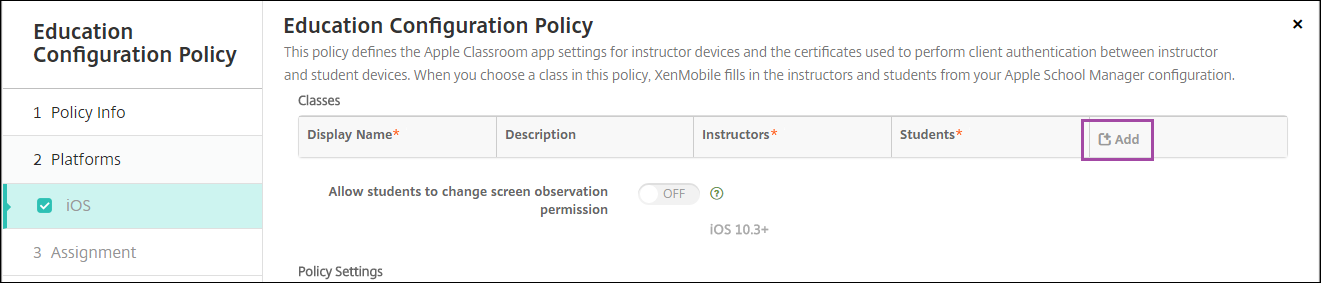 Device Policies configuration screen