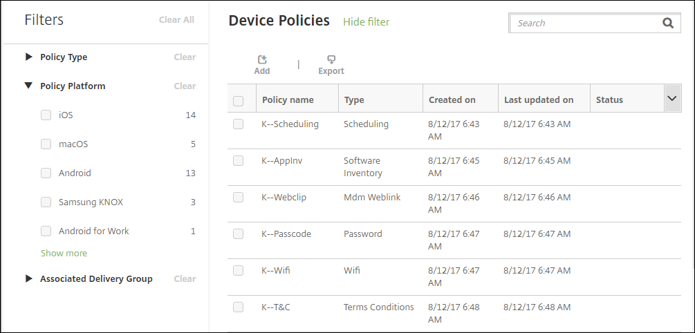 Image of Device Policies configuration screen