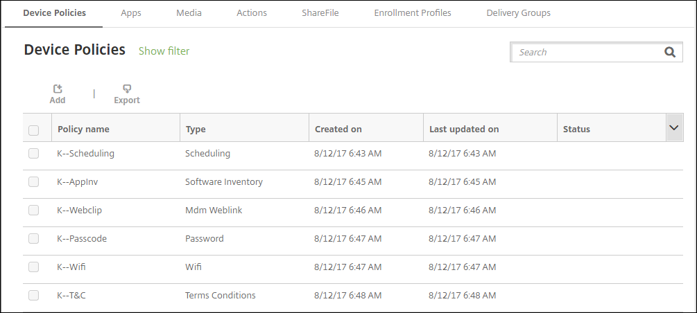 Image of Device Policies configuration screen