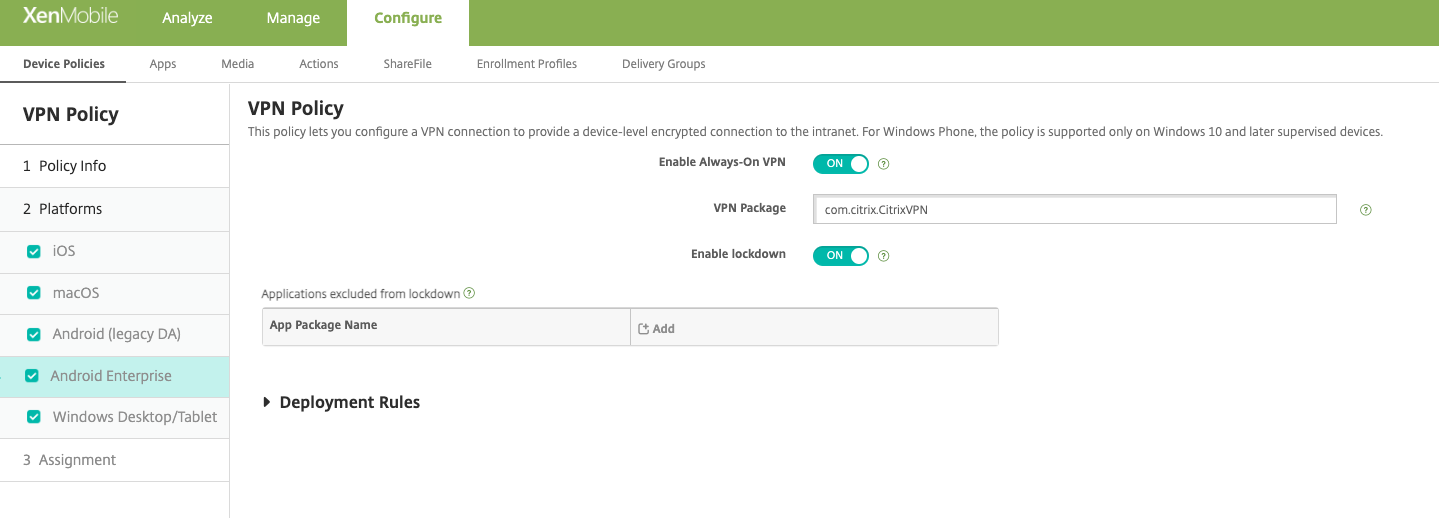 Device Policies configuration screen