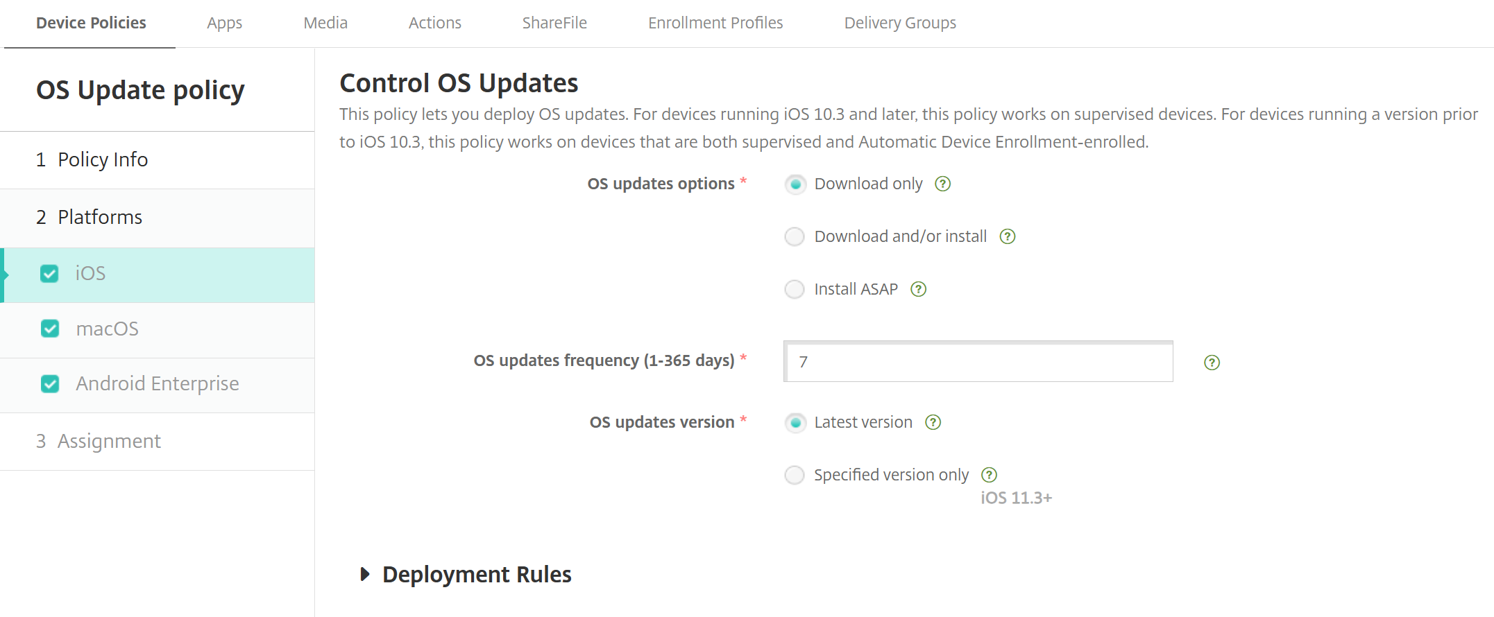 Image of Device Policies configuration screen