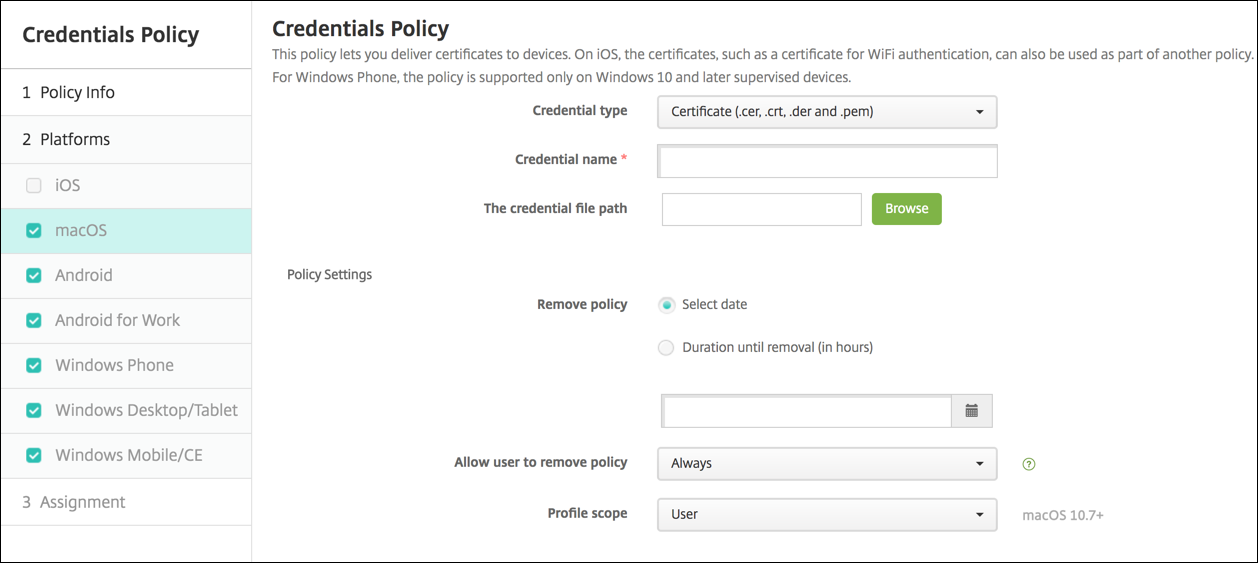 Image of Device Policies configuration screen