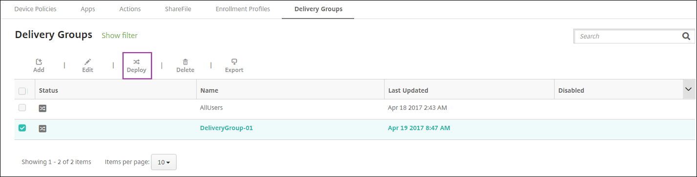 Delivery Groups configuration screen