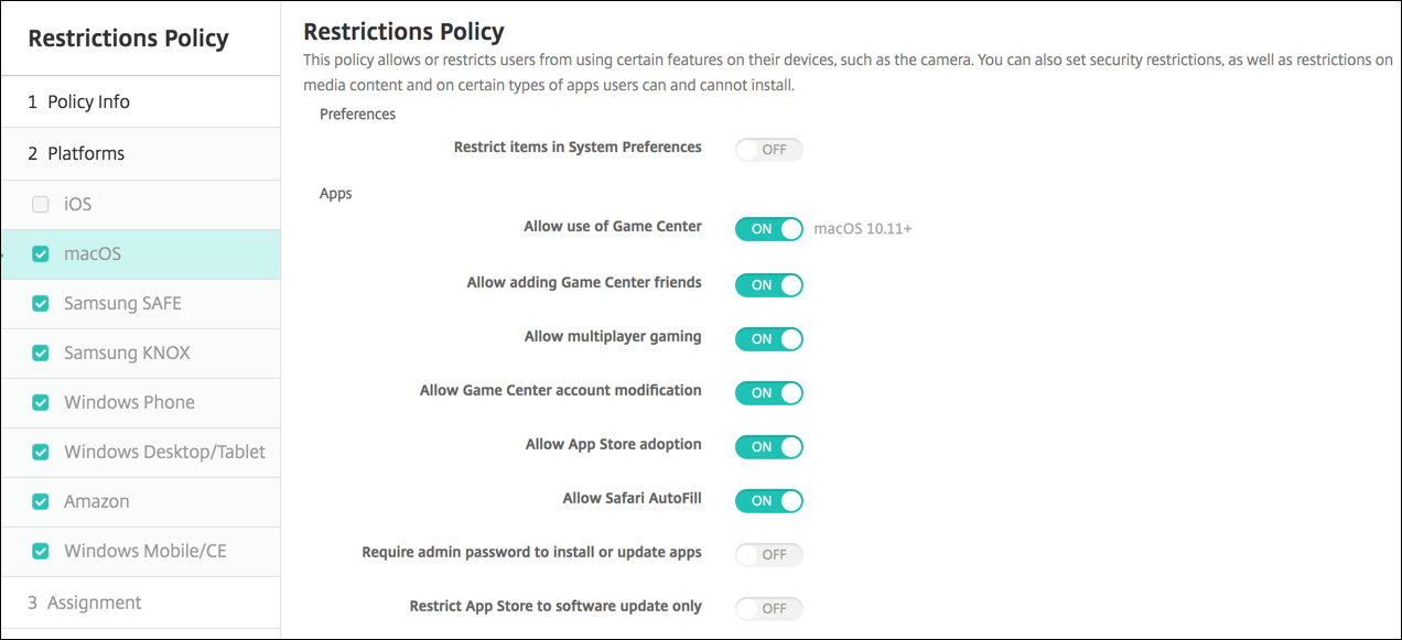Image of Device Policies configuration screen