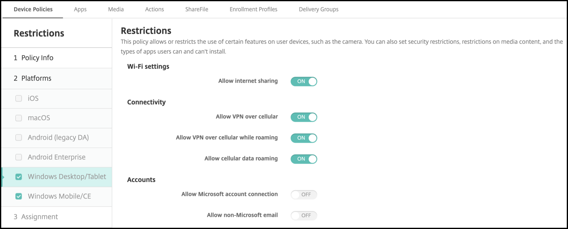 Image of Device Policies configuration screen