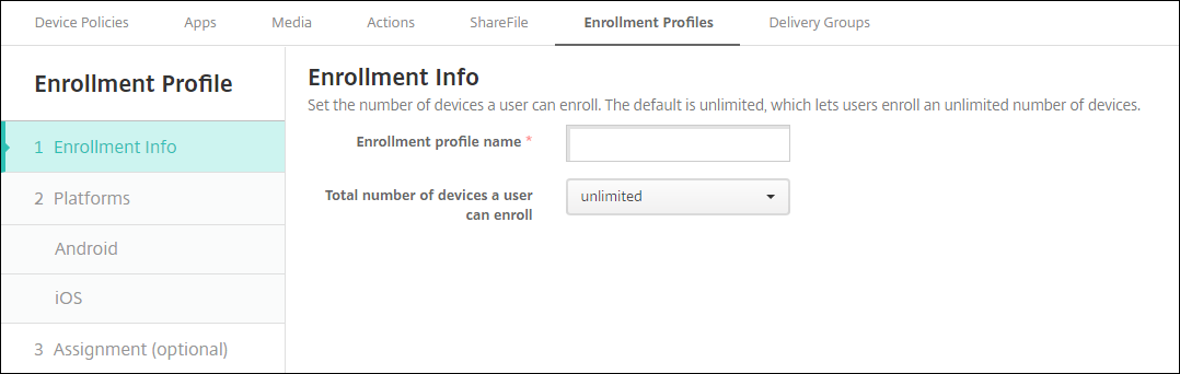 Enrollment Profile Info page