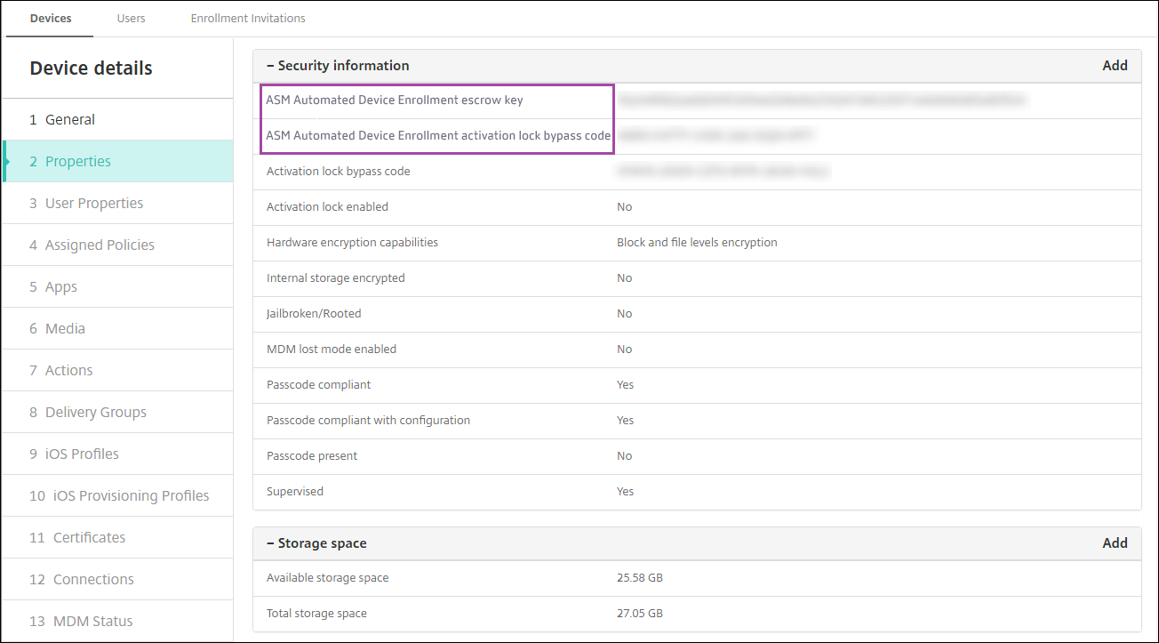 Devices configuration screen