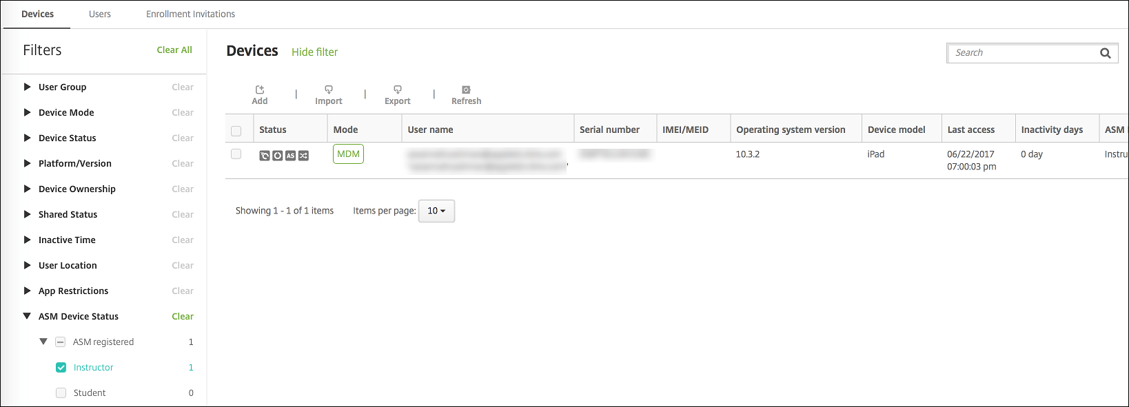 Devices configuration screen