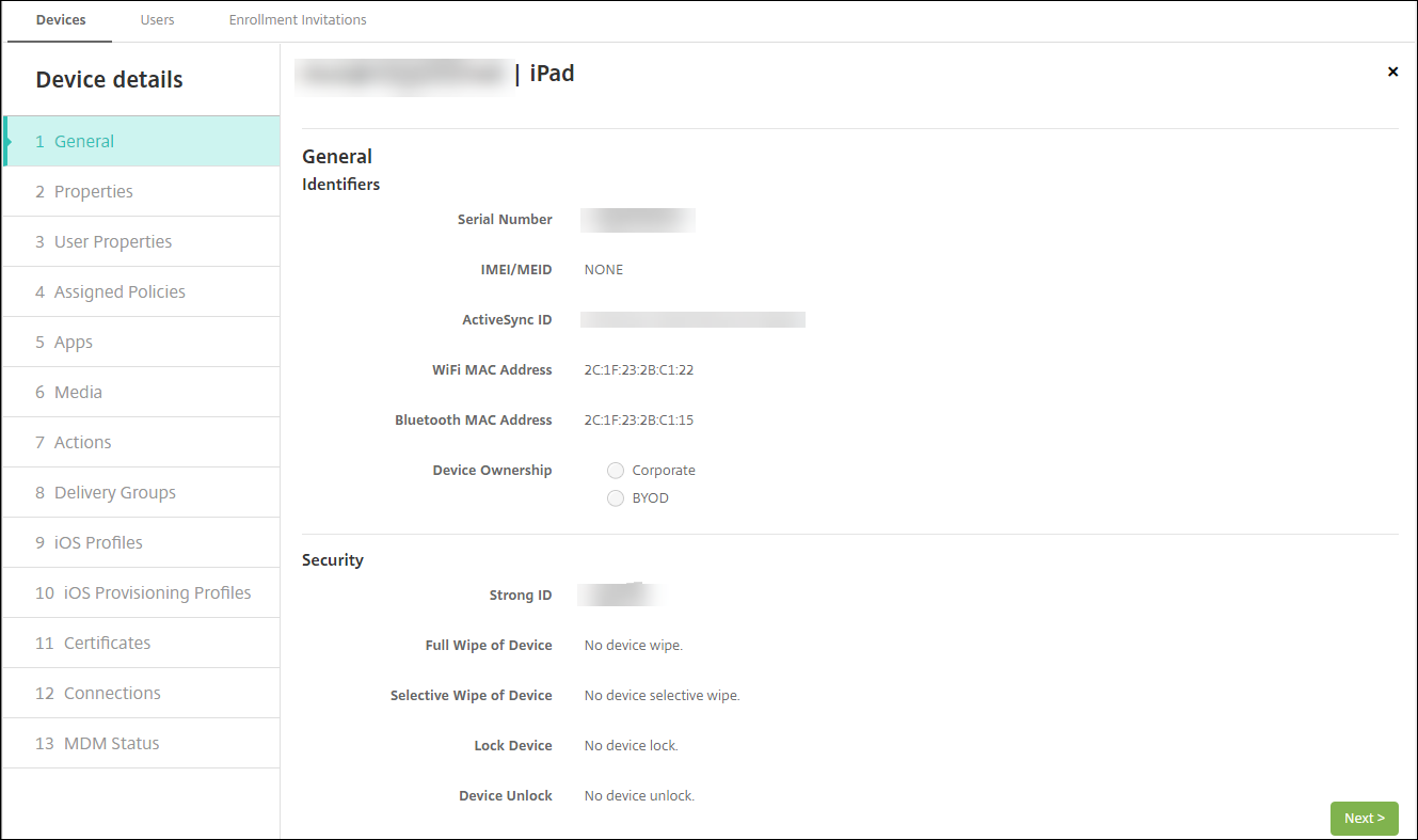 Device Details list