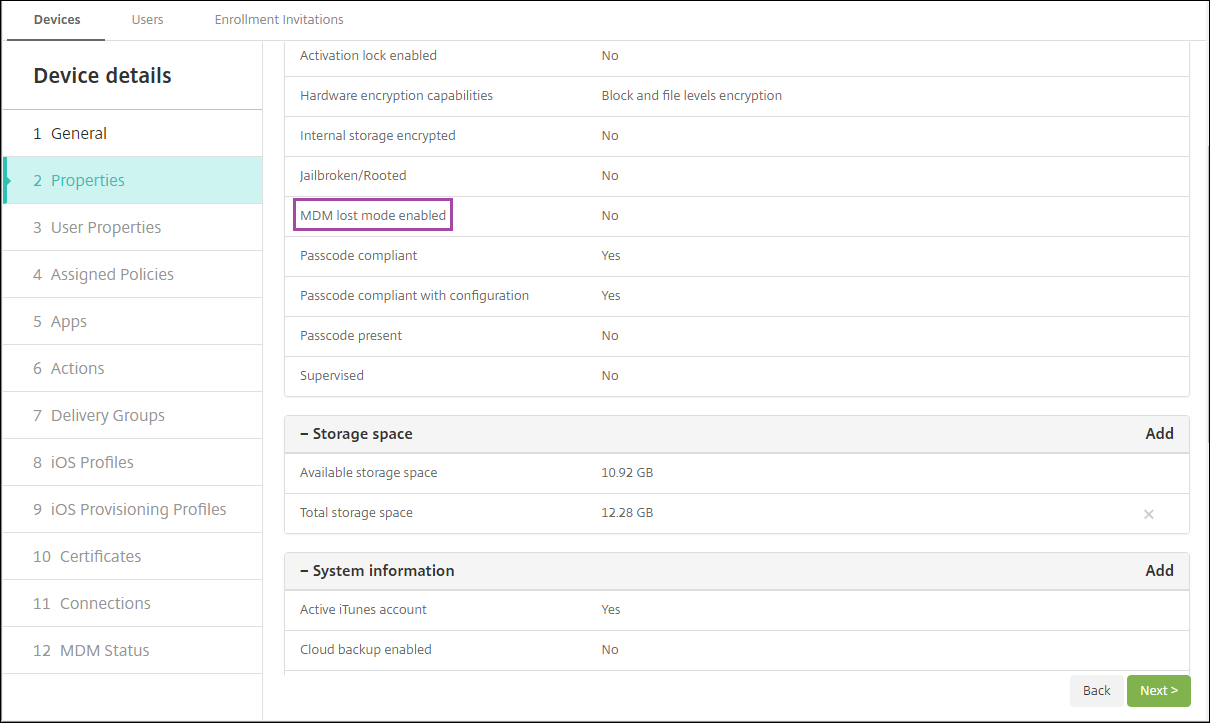 Image of the MDM lost mode enabled setting