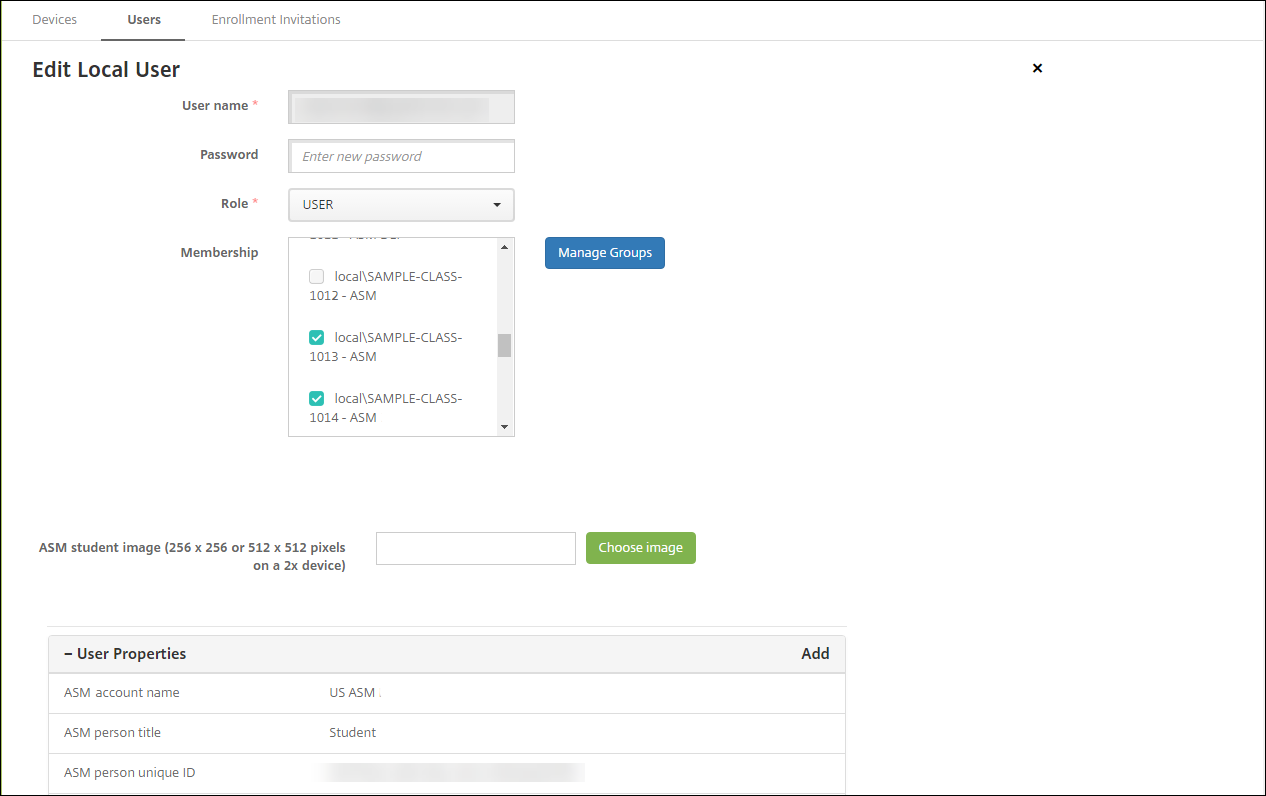 Users screen