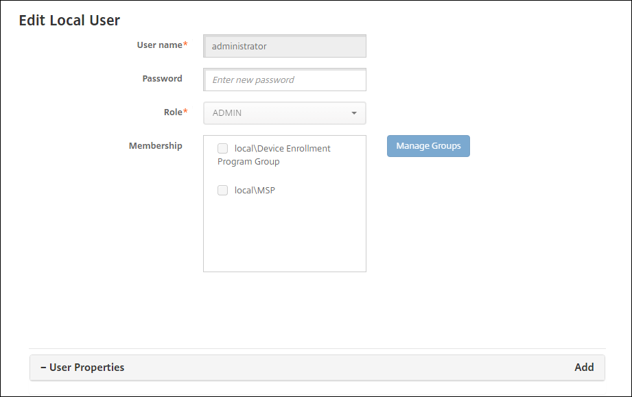 Image of Users configuration page