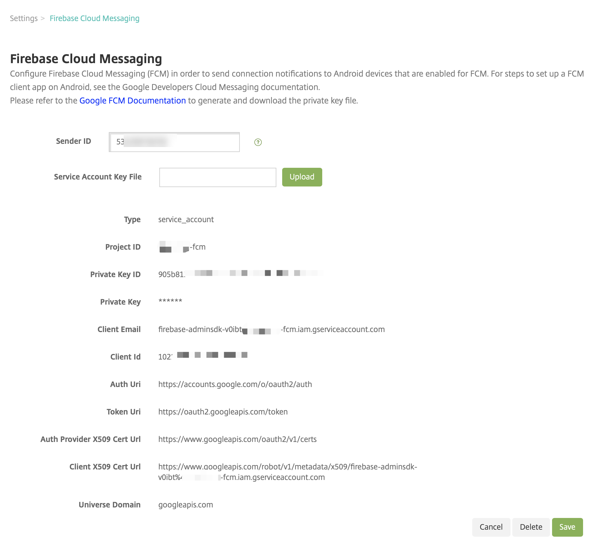 Parsed service account