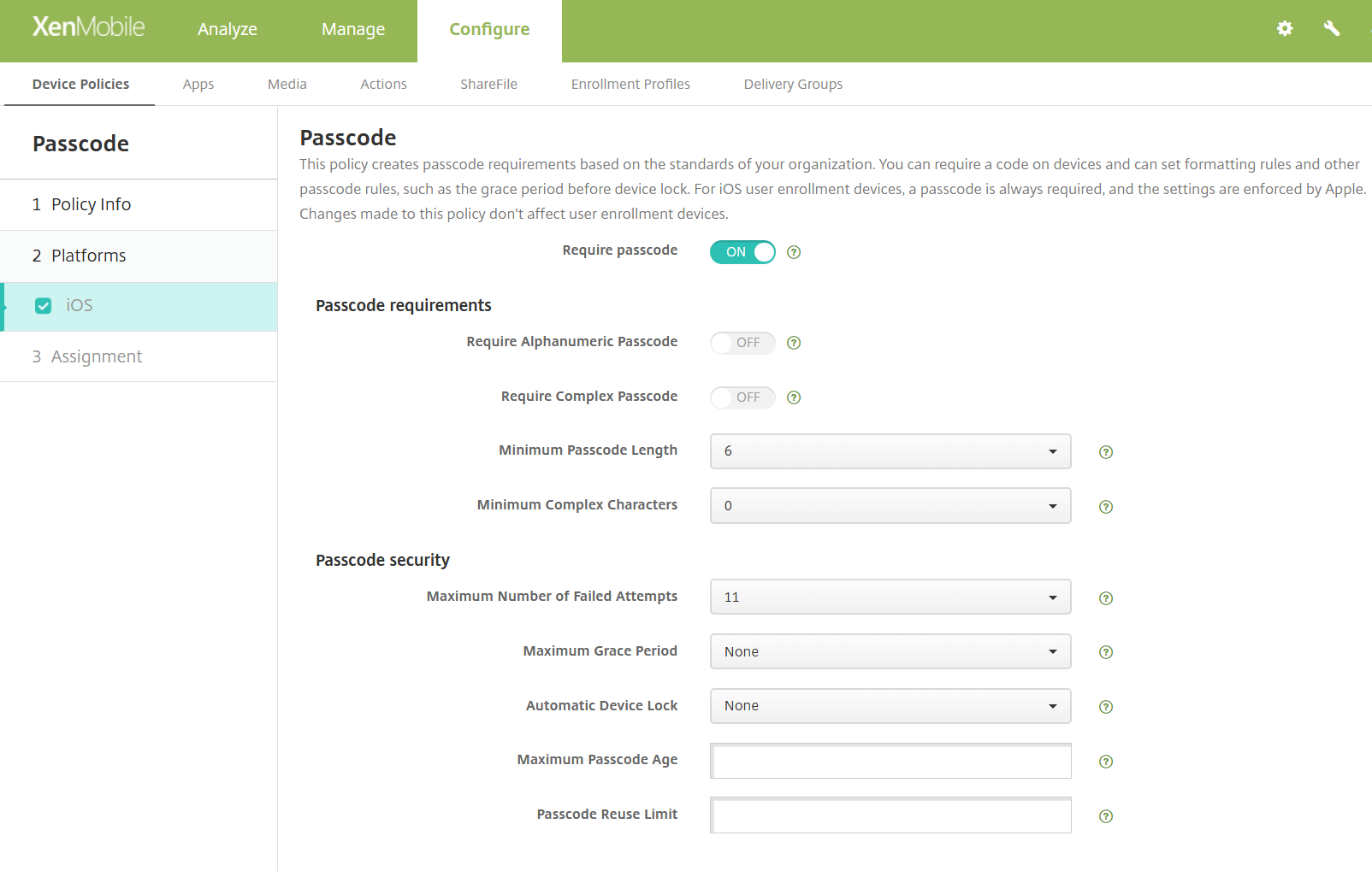 Passcode device policy