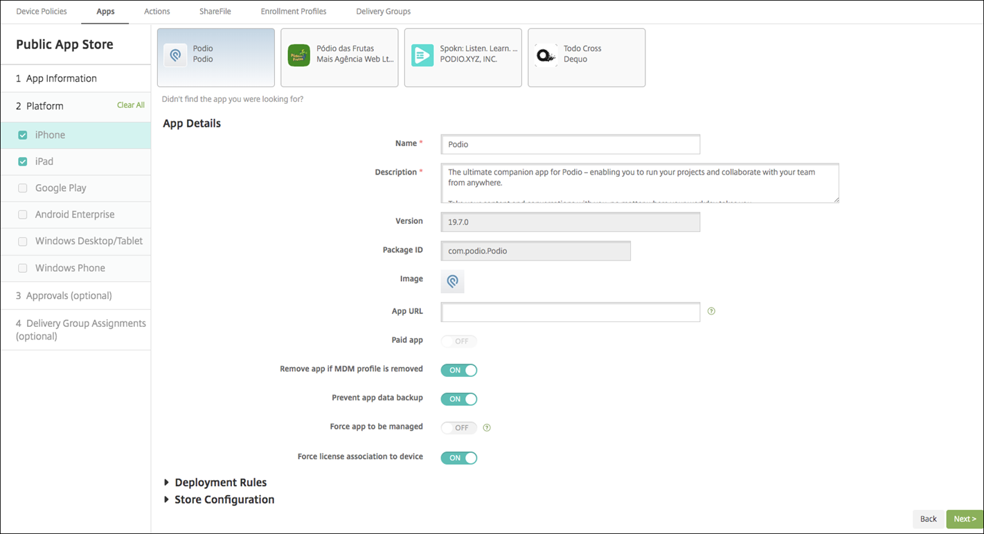 Apps configuration screen