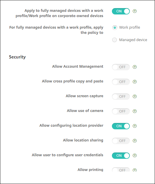 Device Policies configuration screen