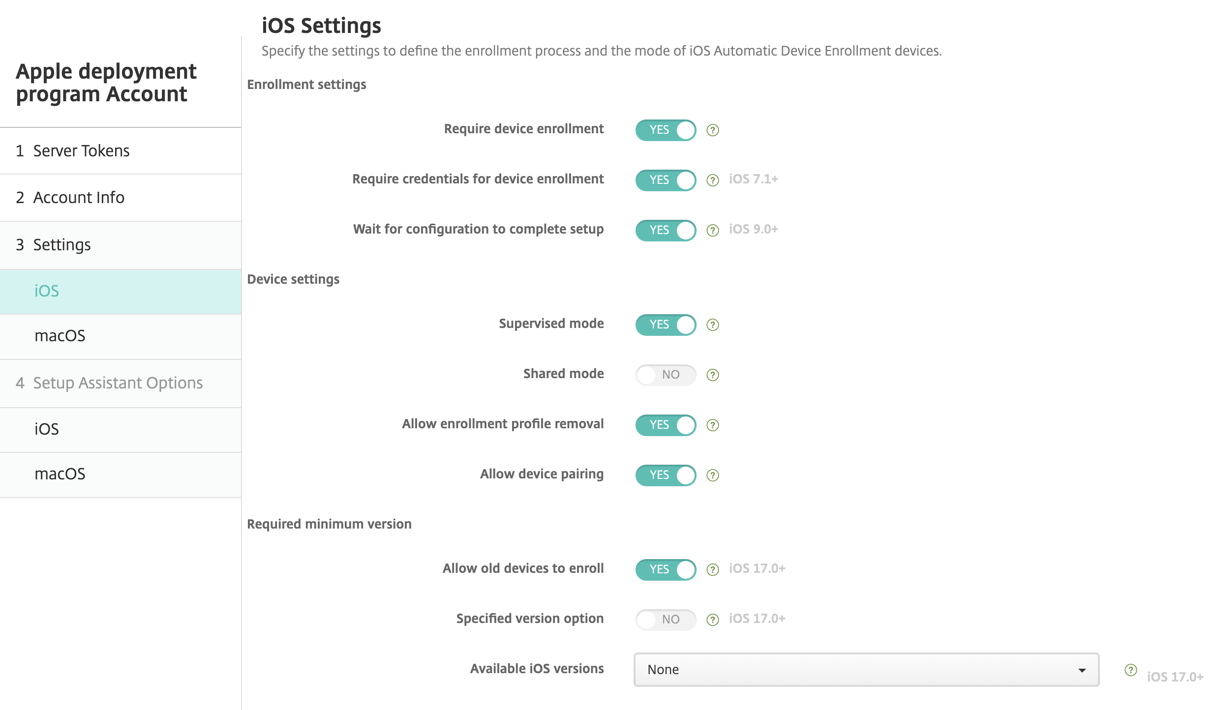 Apple Deployment Program settings screen