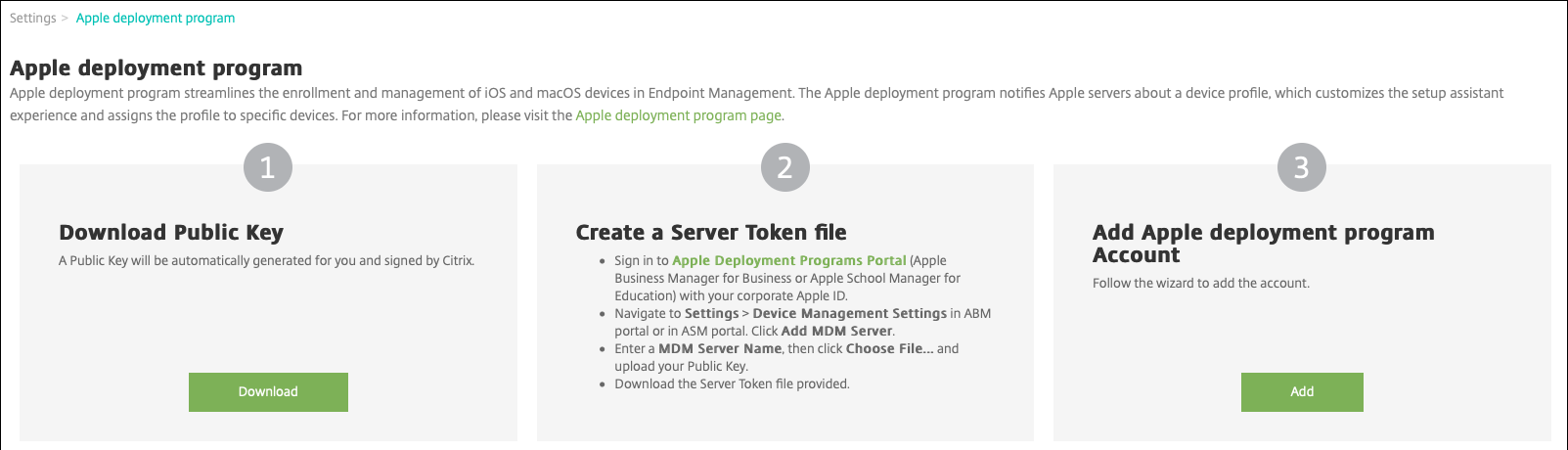 Apple Deployment Program settings screen