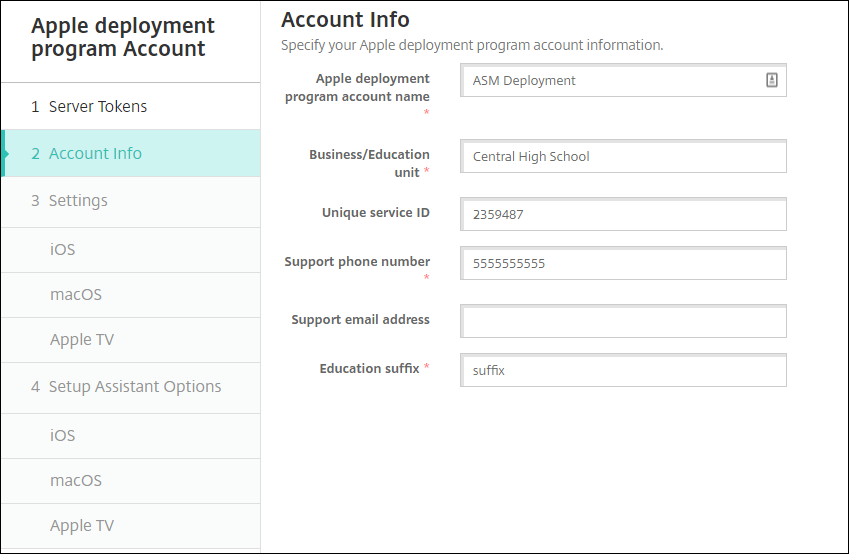 Apple Deployment Program settings screen