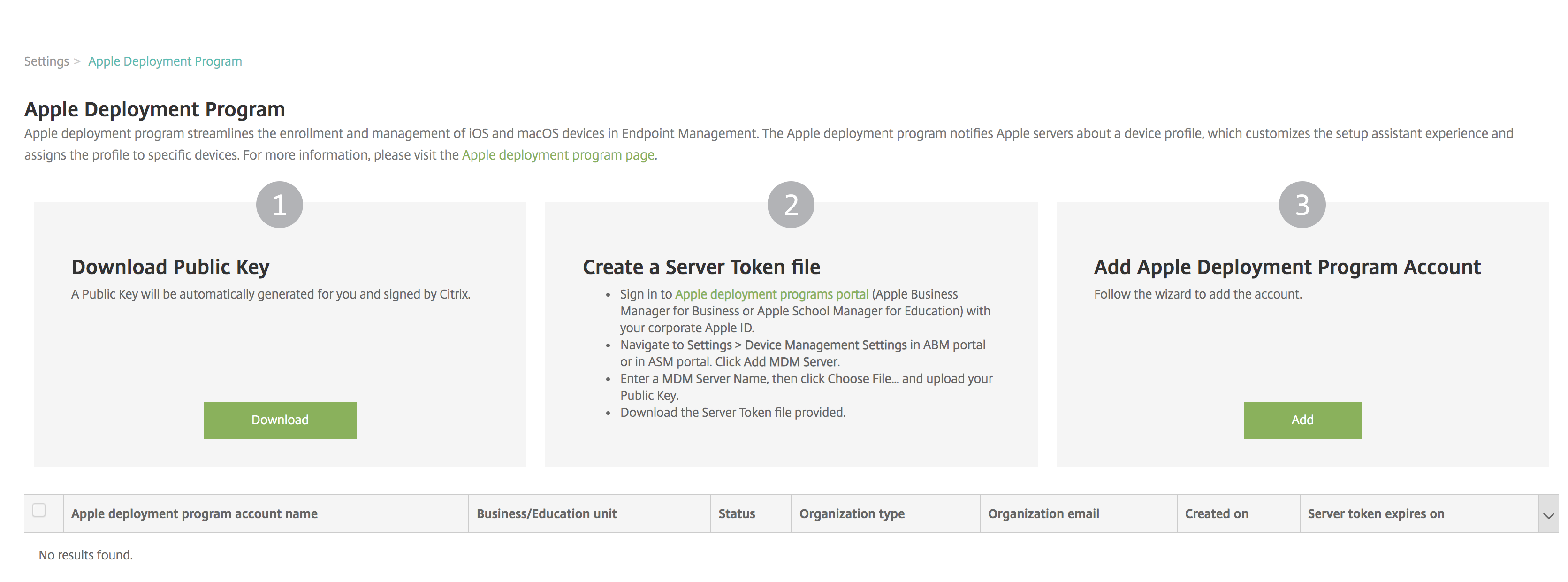 Apple Deployment Program settings screen