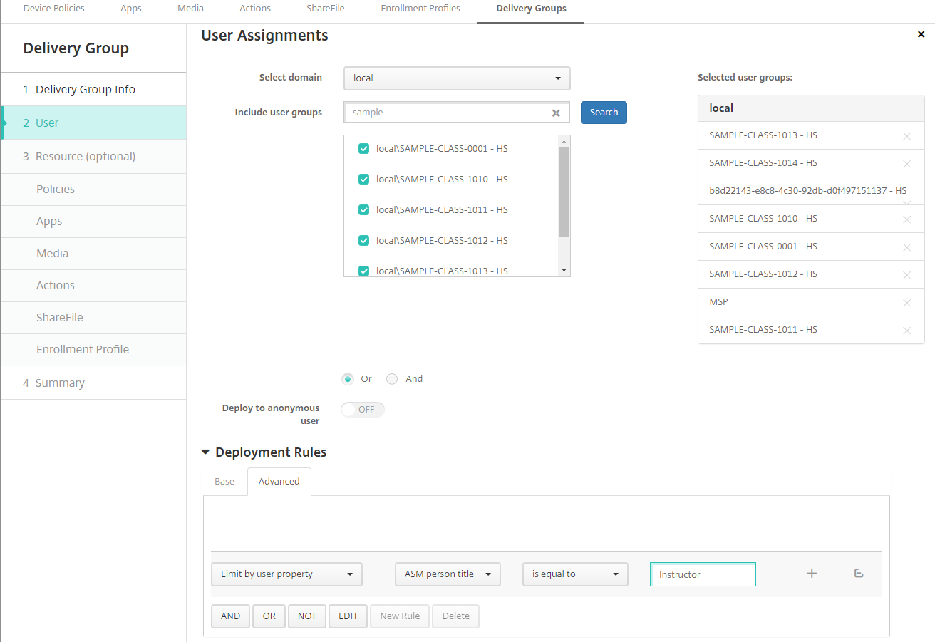 Delivery Groups configuration screen