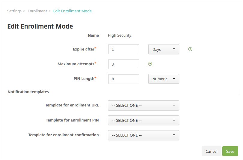 Enrollment security mode edit