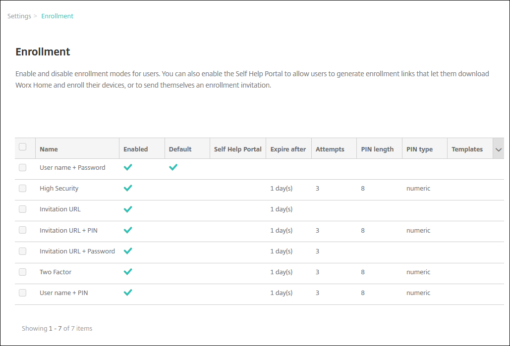 Image of enrollment settings