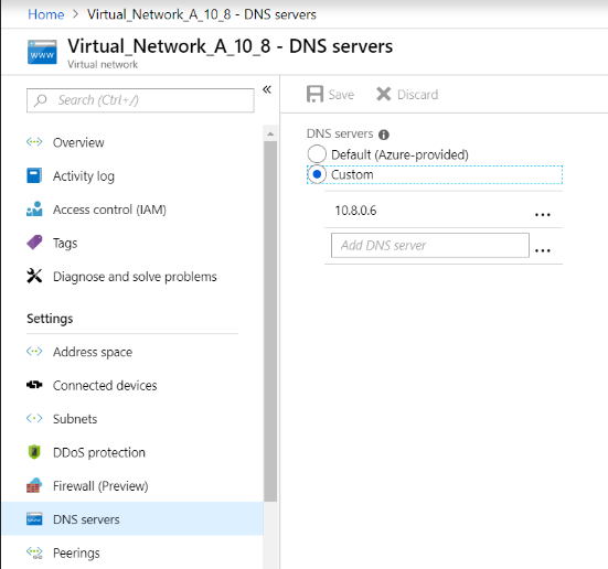 Servidores DNS de la red virtual A