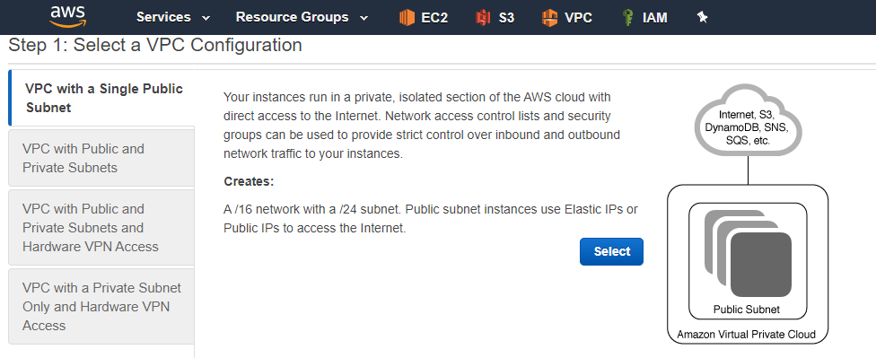 imagen del asistente de configuración de VPC, paso 1