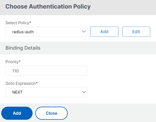 Click add to select a policy for RADIUS authentication