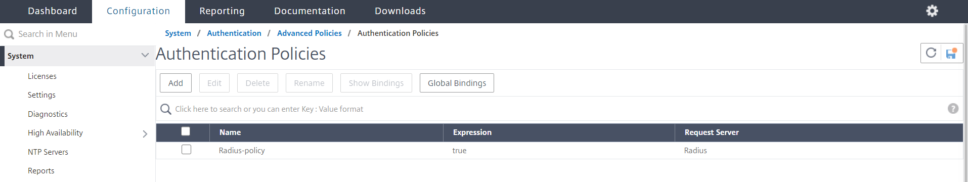 RADIUS authentication policy global bindings