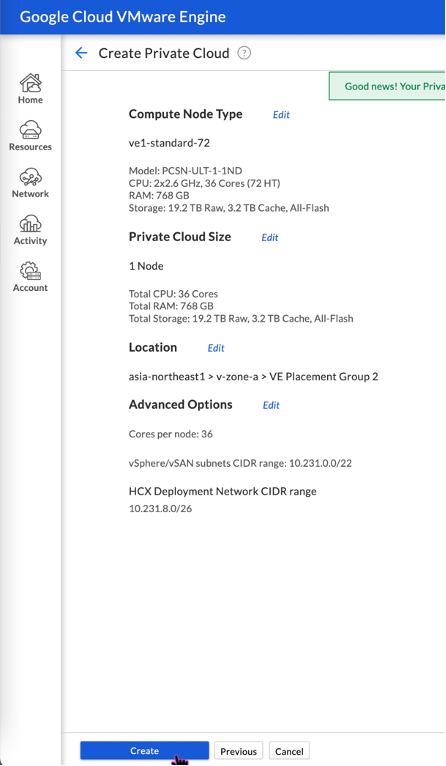 Review Private Cloud settings