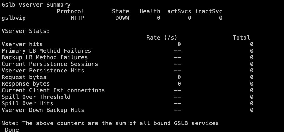 Estadísticas del servidor virtual de GSLB (CLI)