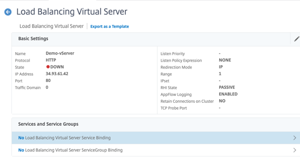 No Load Balancing Virtual Server Service Binding
