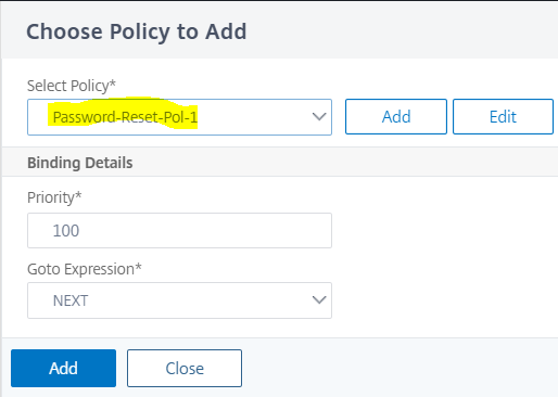Select policy for password reset