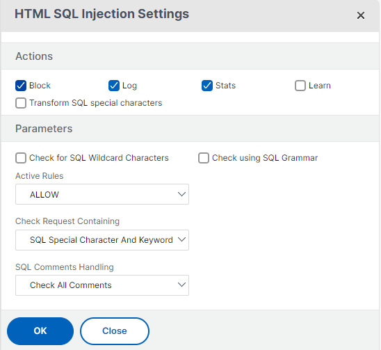 Configure the relaxation and deny rules for handling HTML SQL injection attacks