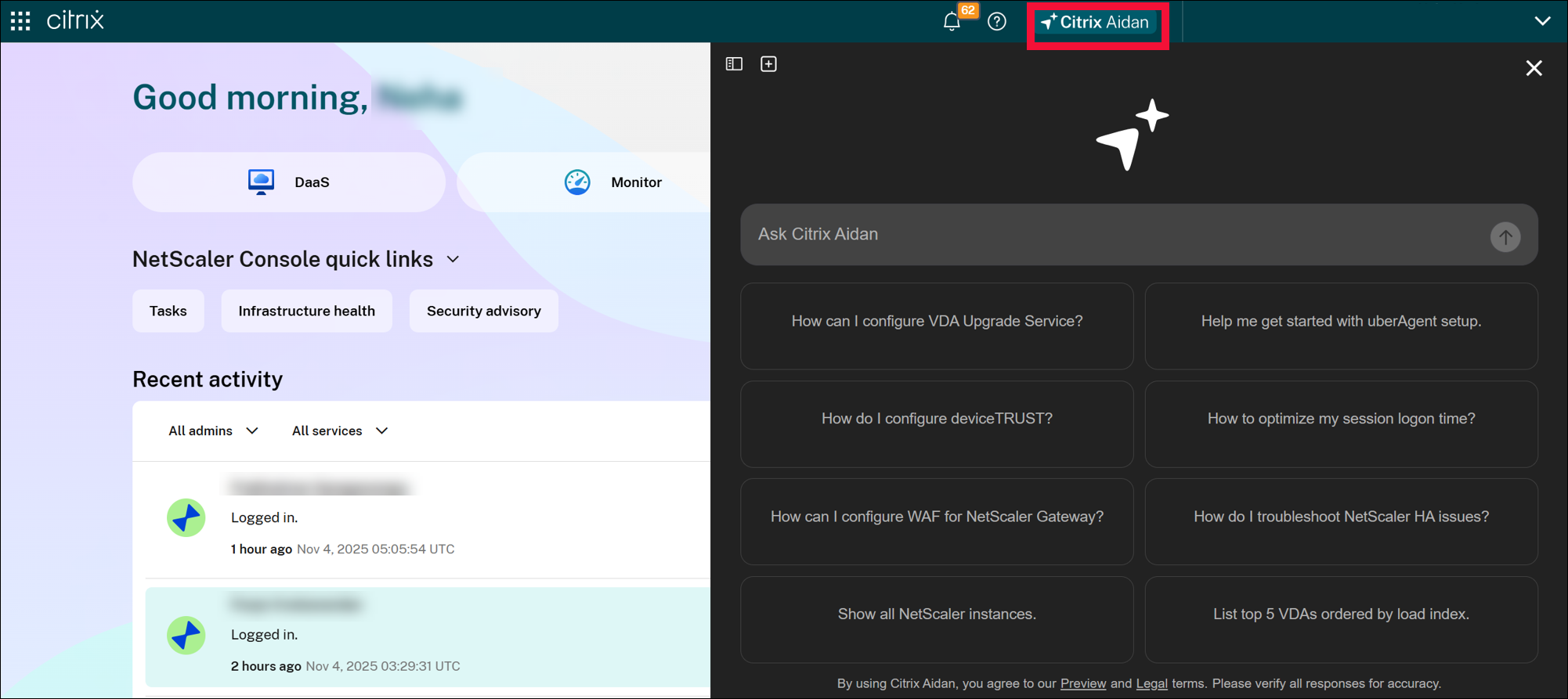 Citrix Aidan User Interface in Citrix Cloud
