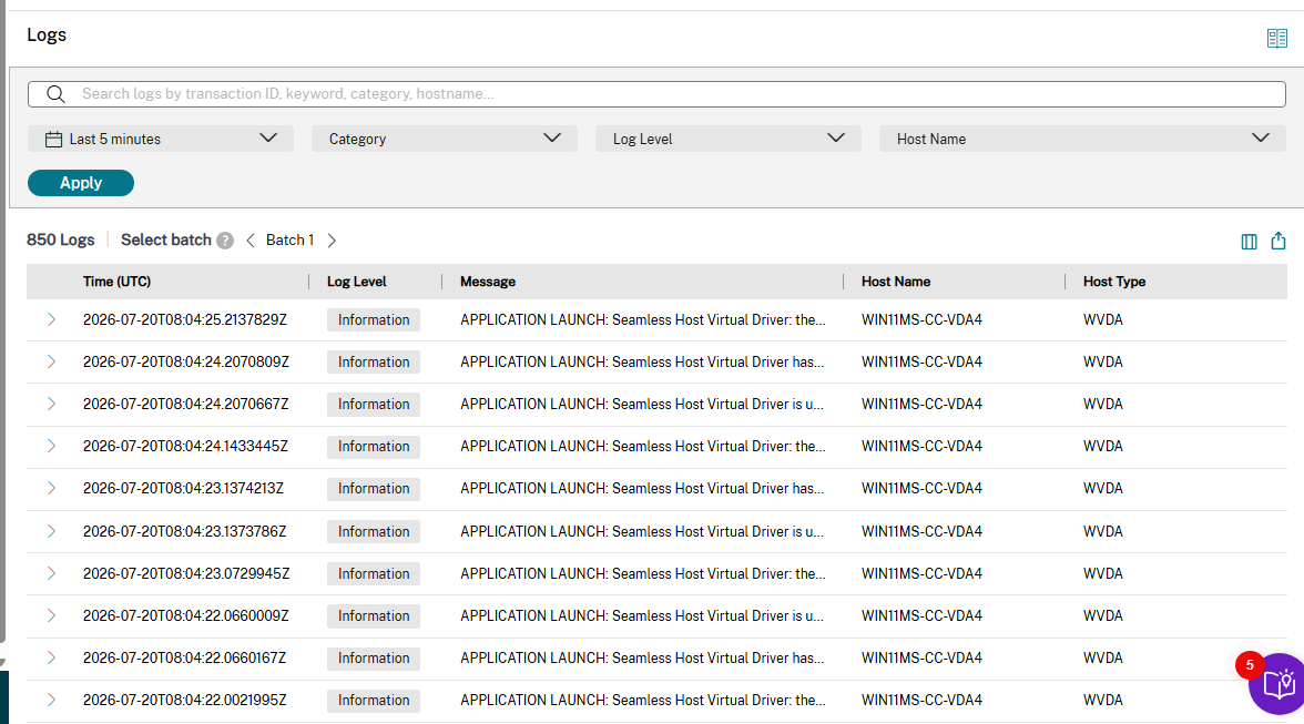 Citrix Monitor Logs table showing columns Time (UTC), Log Level, Message, Host Name, Host Type with example entries