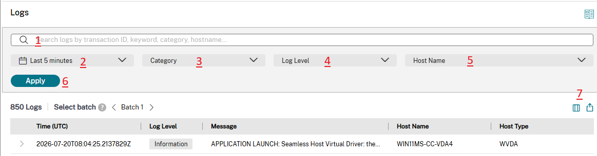 Citrix Monitor Logs node with numbered callouts: 1=Search bar, 2=Time filter, 3=Category filter, 4=Log Level filter, 5=Host Name filter, 6=Apply button, 7=Export icon