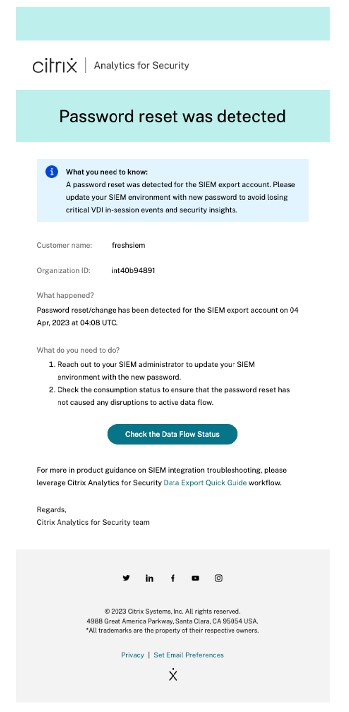 E-Mail-Warnmeldung1 zum Zurücksetzen des SIEM-Passworts