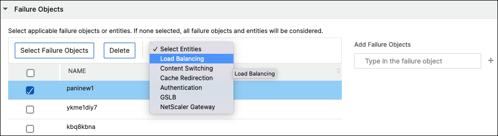 Select failure objects