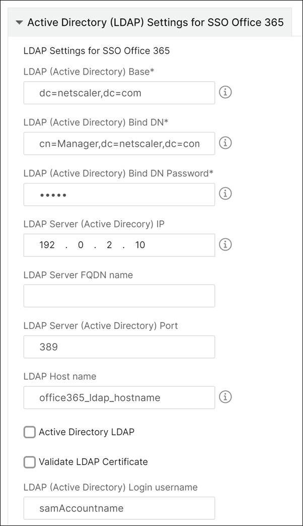 Active Directory (LDAP) settings for SSO Office 365