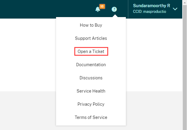 Icono de Comentarios y asistencia de Citrix Cloud con la opción de menú Abrir un tíquet resaltada