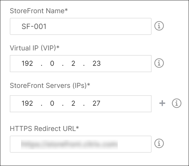 Citrix ADC インスタンスを使用してStoreFront サーバーを構成するための詳細を指定します。