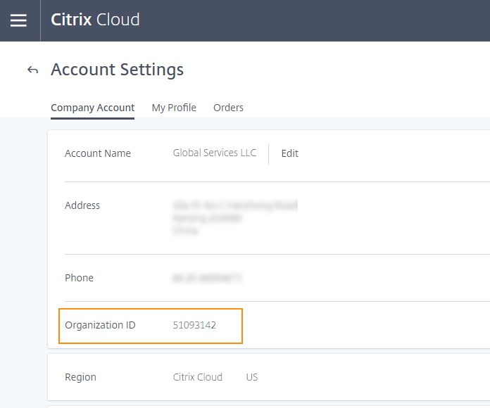 Citrix Cloud Account Settings page with OrgID