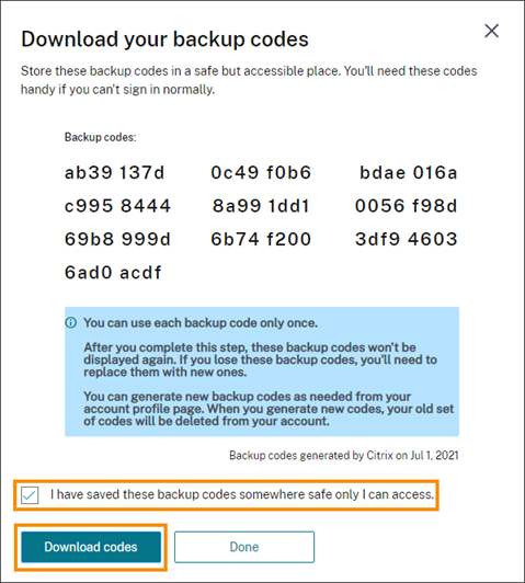 Download backup codes screen with Download button and confirmation box highlighted