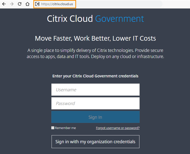 Citrix Cloud Government sign in page
