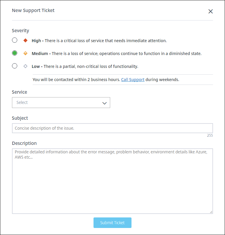 New Support Ticket form with Medium severity selected